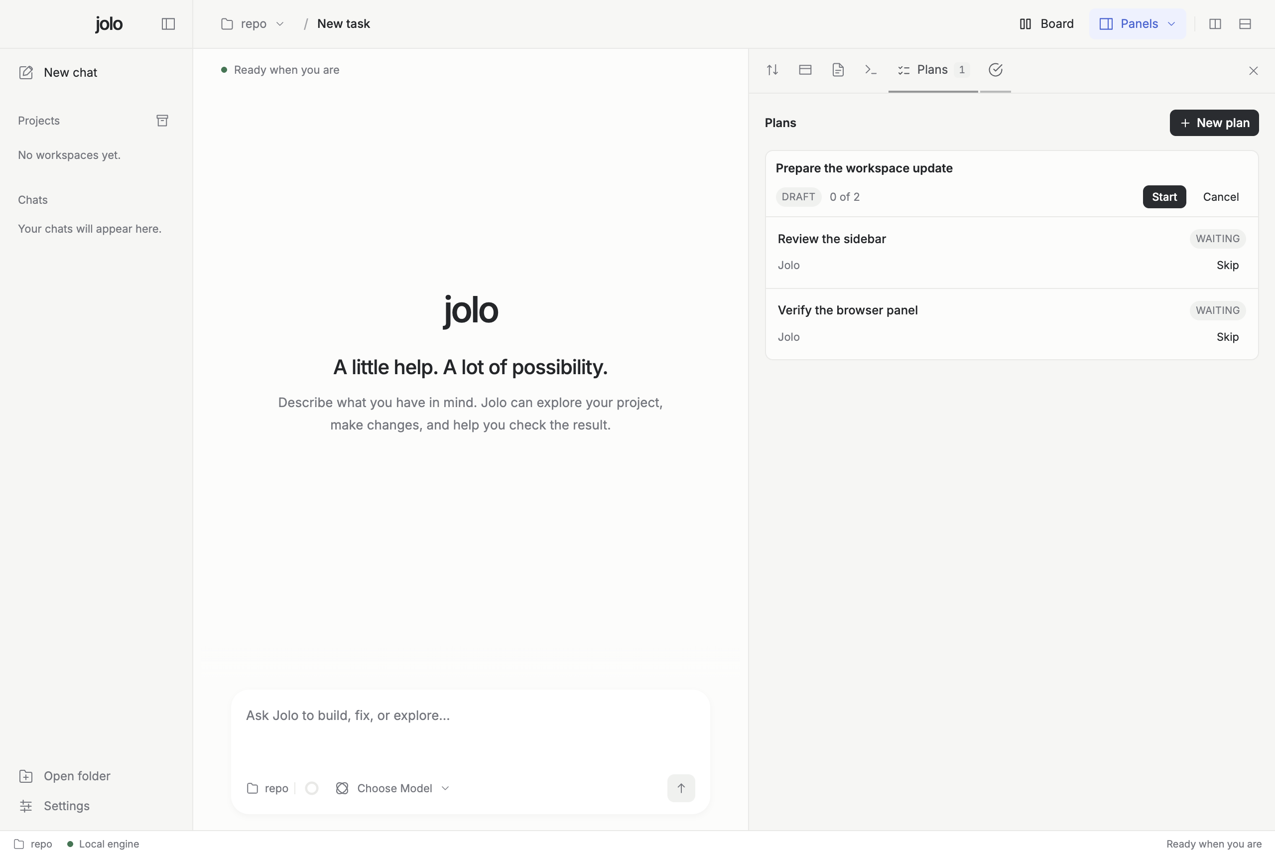 Jolo Desktop with the chat area on the left and an example task plan on the right