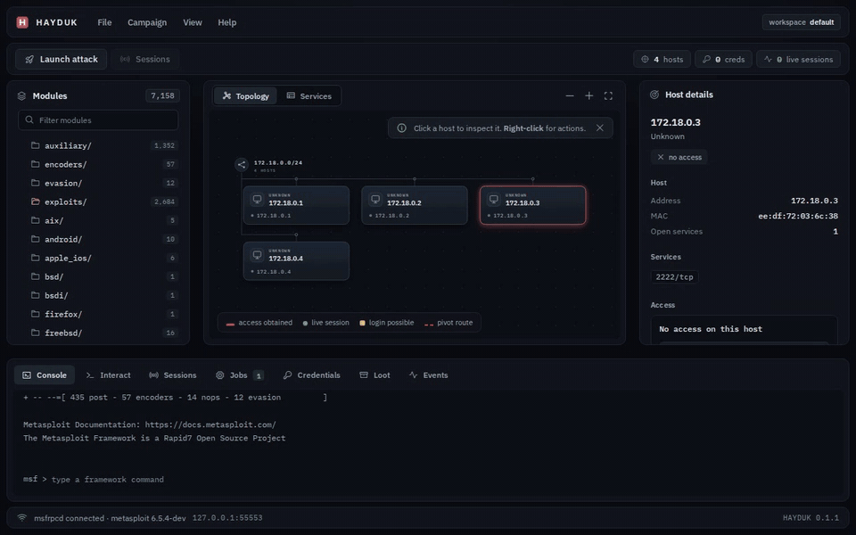 Hayduk Metasploit GUI demo showing module selection, a detected service, and a live shell session