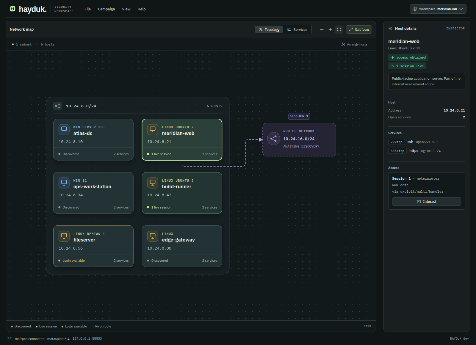 Hayduk graph focus mode with adaptive subnet layout, host states, and a routed network