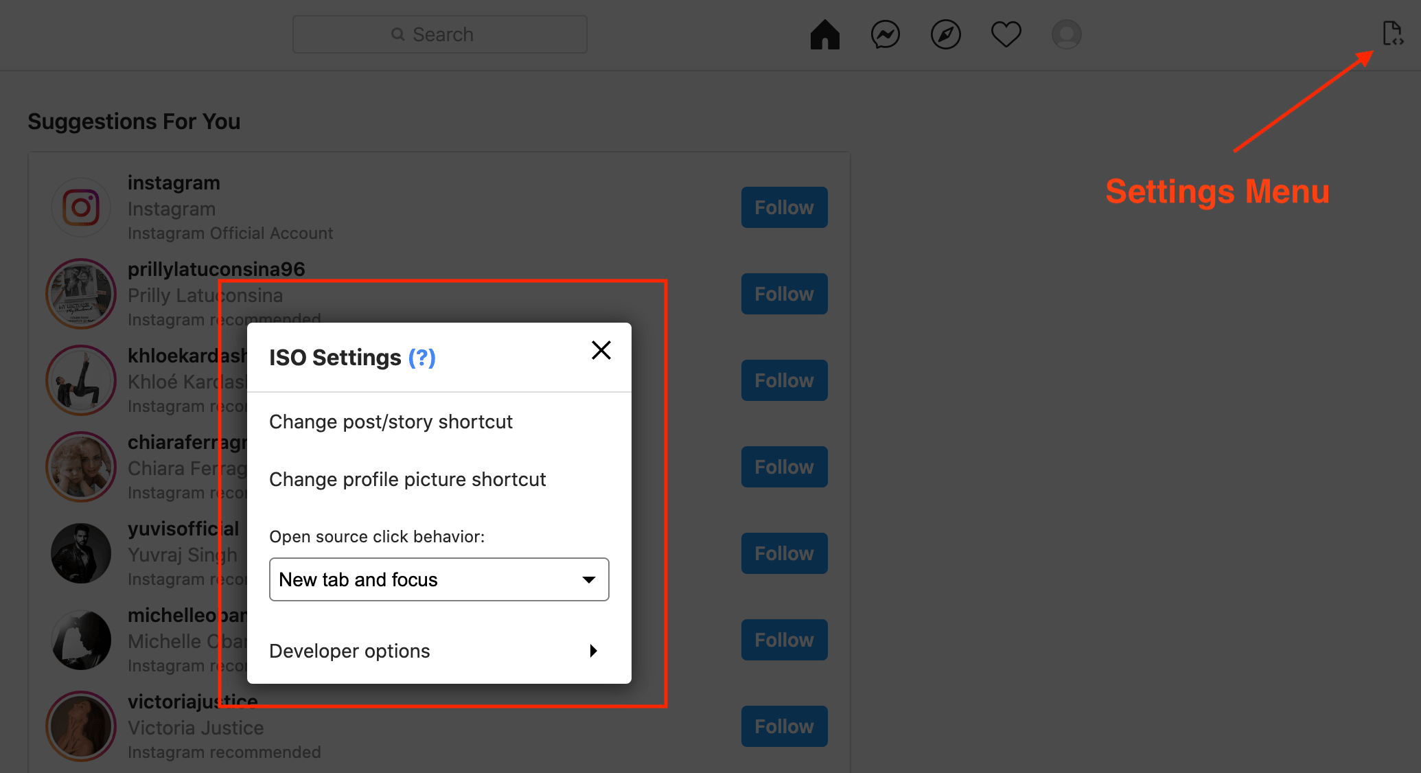on-page settings menu