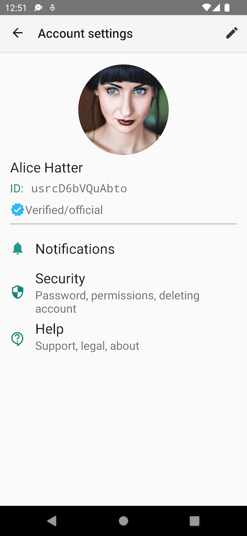 Android screenshot: account settings