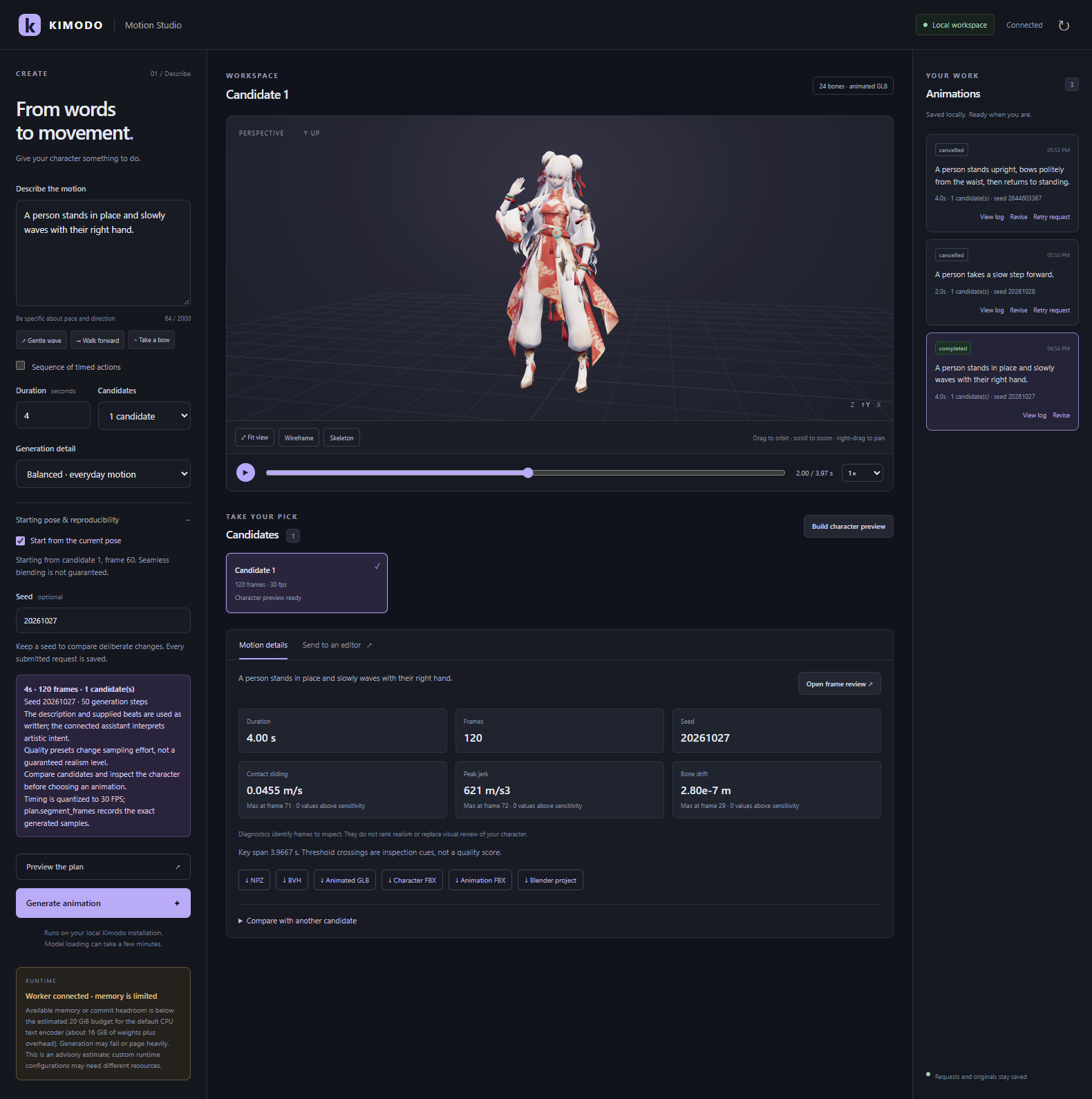 Kimodo Motion Studio showing a textured animated character, generation controls, motion diagnostics, and export downloads