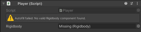 A Unity component inspector displaying a warning that no valid Rigidbody component could be found by the Autofill system