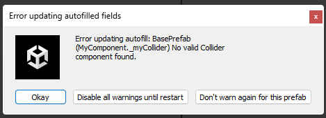 A Unity popup dialog alerting that the Autofill system was unable to find a Collider component on a prefab