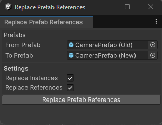 Screenshot of the Replace Prefab References window.