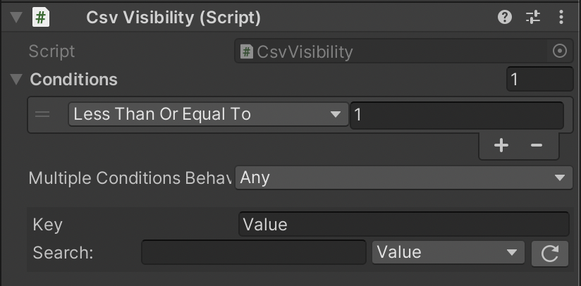 A screenshot of the Unity inspector for a CsvVisibility component