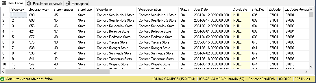 Exibindo todos os dados da tabela de lojas (SELECT * FROM DimStore;) ... Mas eu gostaria de APENAS o nome, o código e o telefone das lojas!