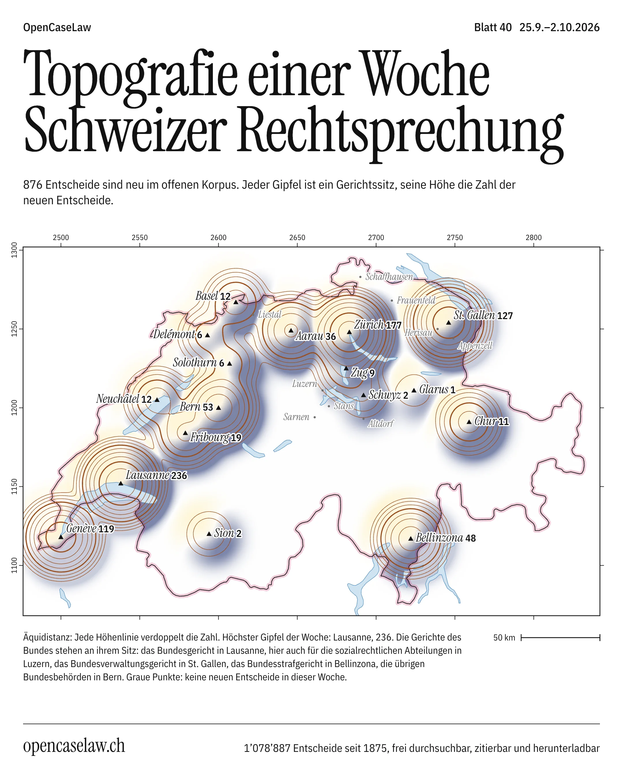 This week's poster in German: a relief map of new decisions by court seat