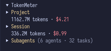 TokenMeter sidebar collapsed — master row summary only