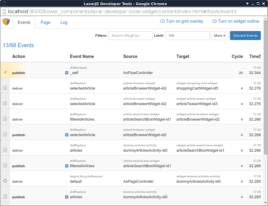 The event log of the LaxarJS developer tools