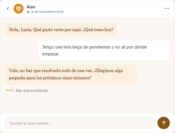 Chat mockup: Alan greets the user warmly; the user says they have a long list of pending tasks and don't know where to start; Alan reframes toward one small, five-minute step. The same screen exists in a warm-neutral dark theme with AA contrast.
