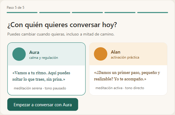 Companion selection mockup: Alan, practical activation in amber, and Aura, calm and regulation in teal, presented side by side.