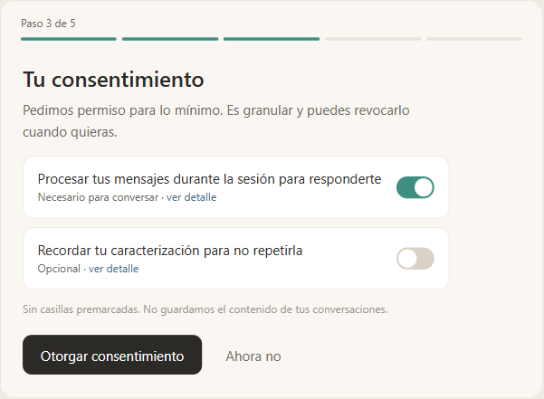 Granular consent mockup: two separate toggles, nothing pre-ticked, and a note stating that conversation content is never stored.