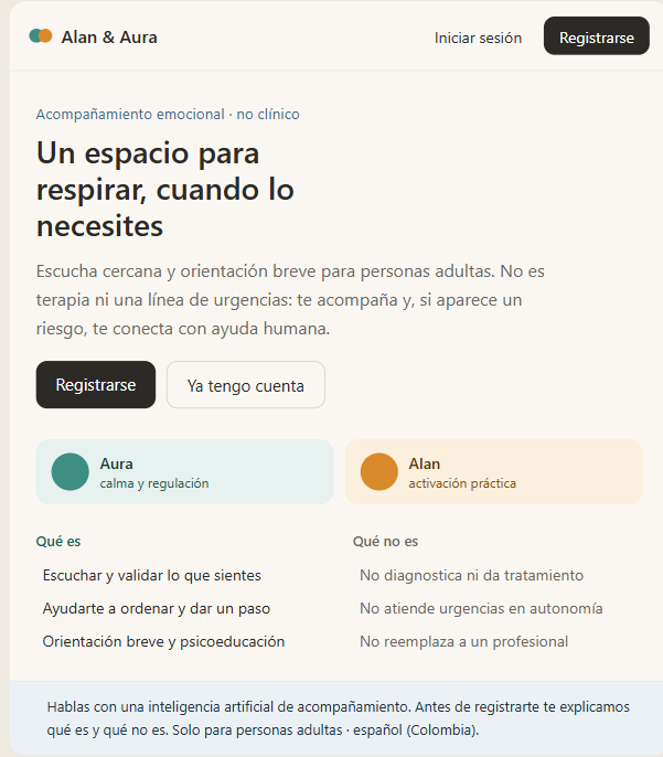 Landing mockup: 'Un espacio para respirar, cuando lo necesites' — with a visible what-it-is / what-it-is-not honesty section and a permanent AI disclosure strip.