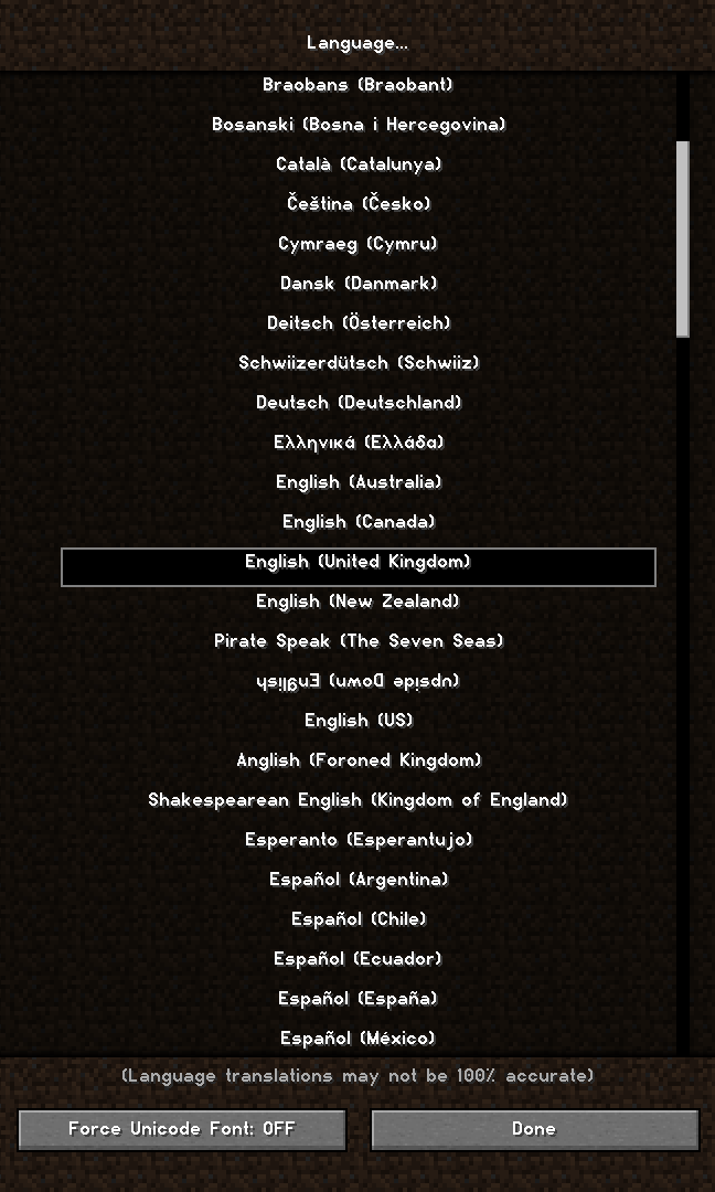 Language Selection Screen