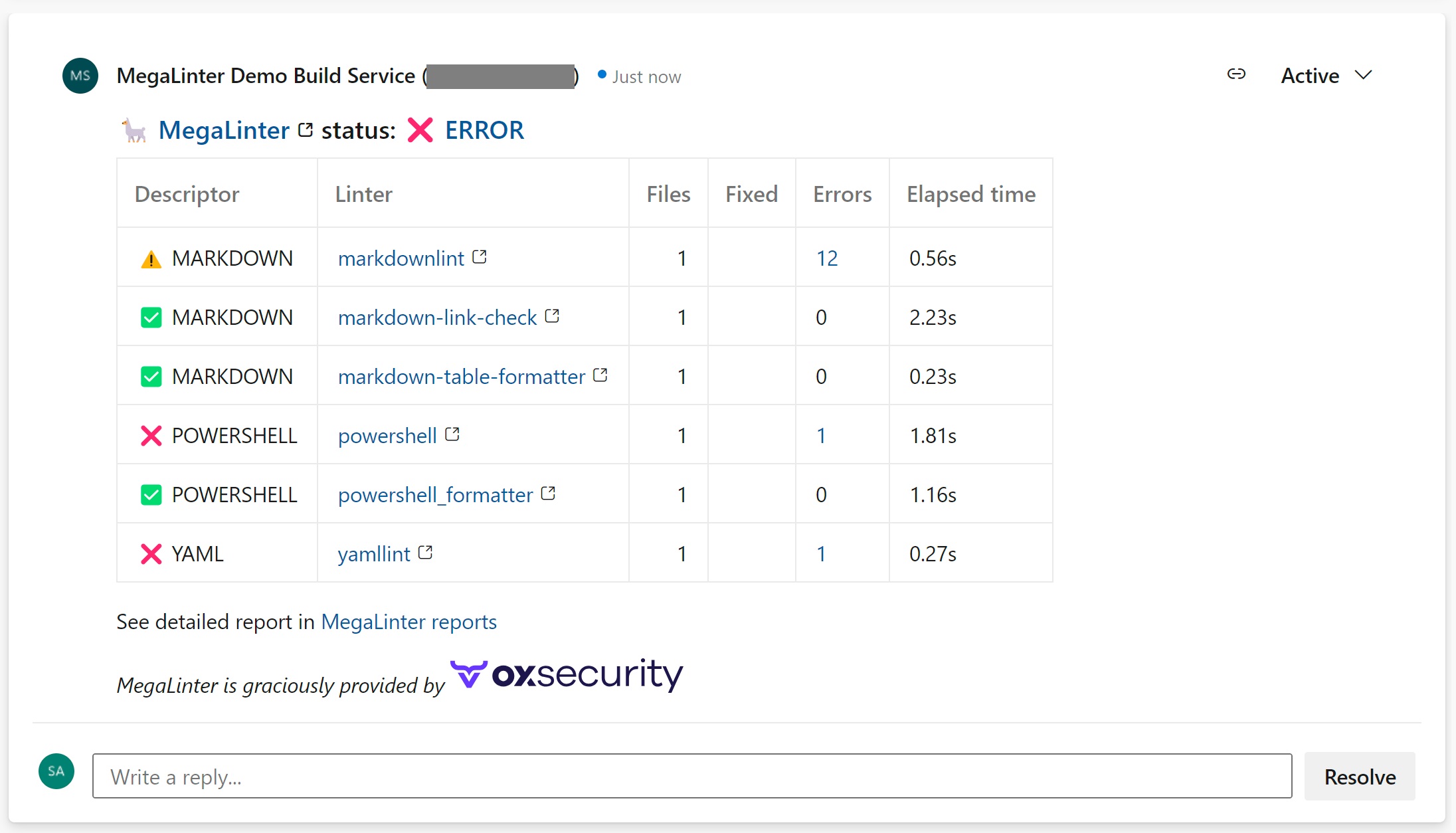 MegaLinter report example