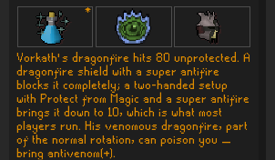 Vorkath reminder text under the potion and prayer icons, explaining dragonfire protection and to bring antivenom+