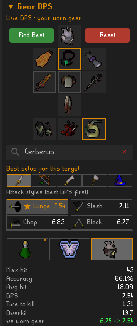 Live gear DPS and max-hit calculator panel showing worn gear, ranked attack styles and the max hit / accuracy / DPS / time-to-kill readout
