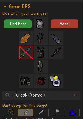 Kurask target with an incompatible weapon crossed out by a red X