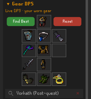 Gear panel with Vorkath selected: the recommended setup grid with a best-spec-weapon cell sitting between the weapon and gloves slots