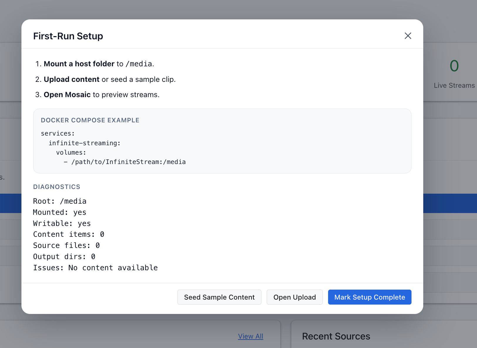 First-run setup modal
