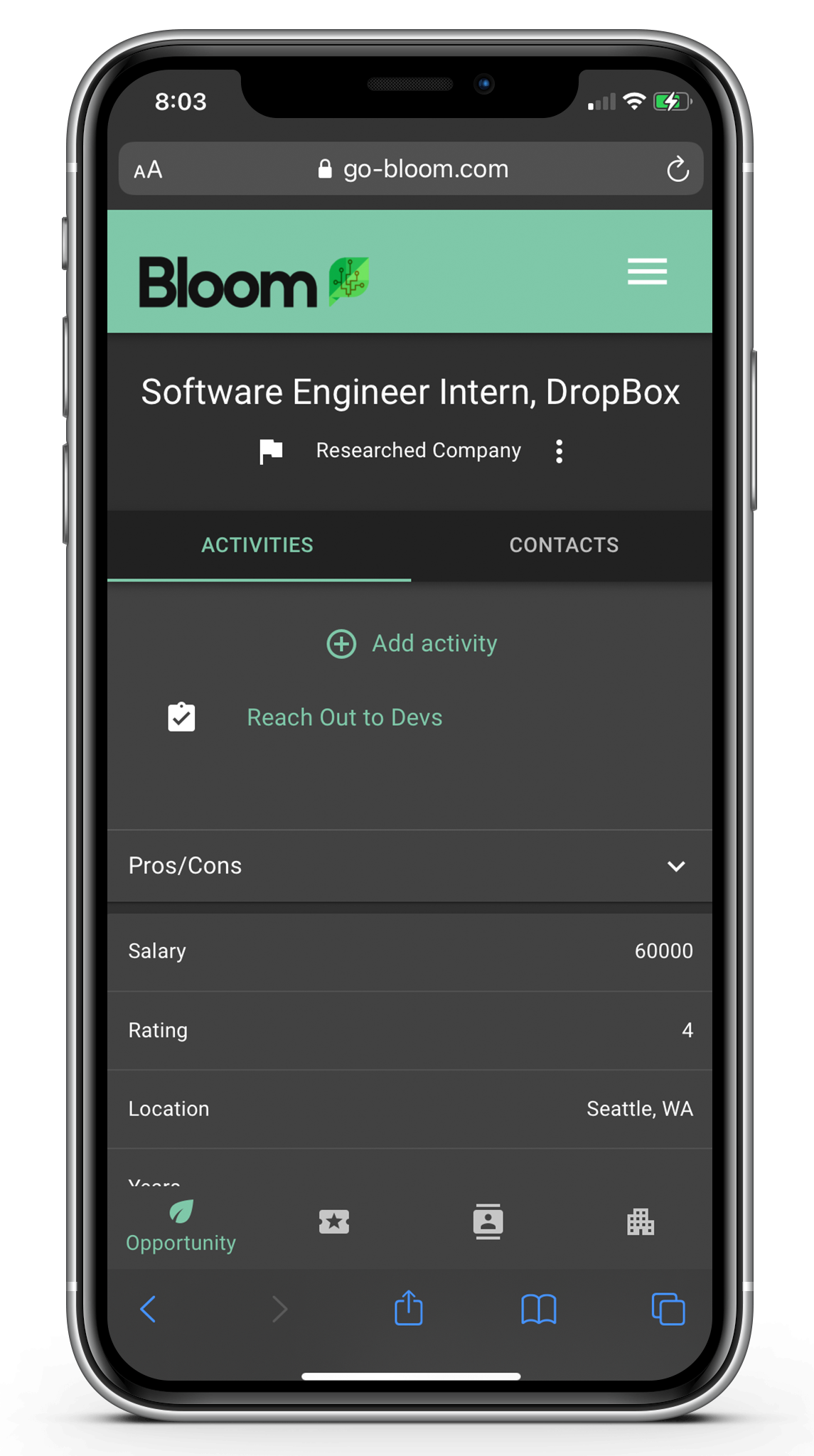 opportunities detail page dark mode