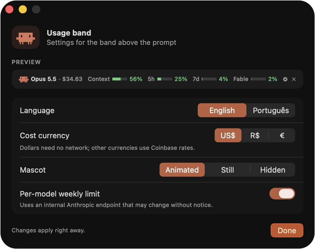 Settings window on macOS 26: a preview of the band, then language, cost currency, mascot style and the per-model weekly limit switch, on Liquid Glass