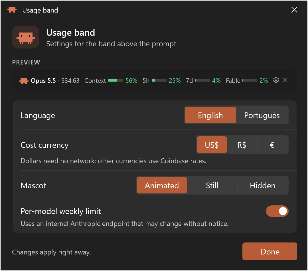 Settings window on Windows in the dark theme, rendered by the app: the same preview of the band and the same four settings
