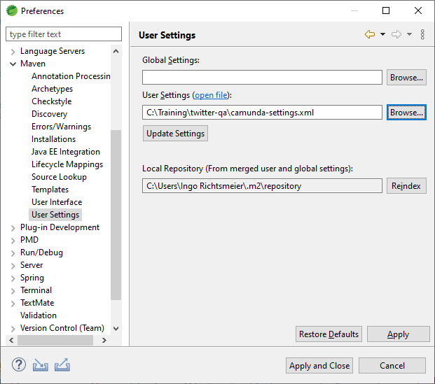 Eclipse Maven User Settings