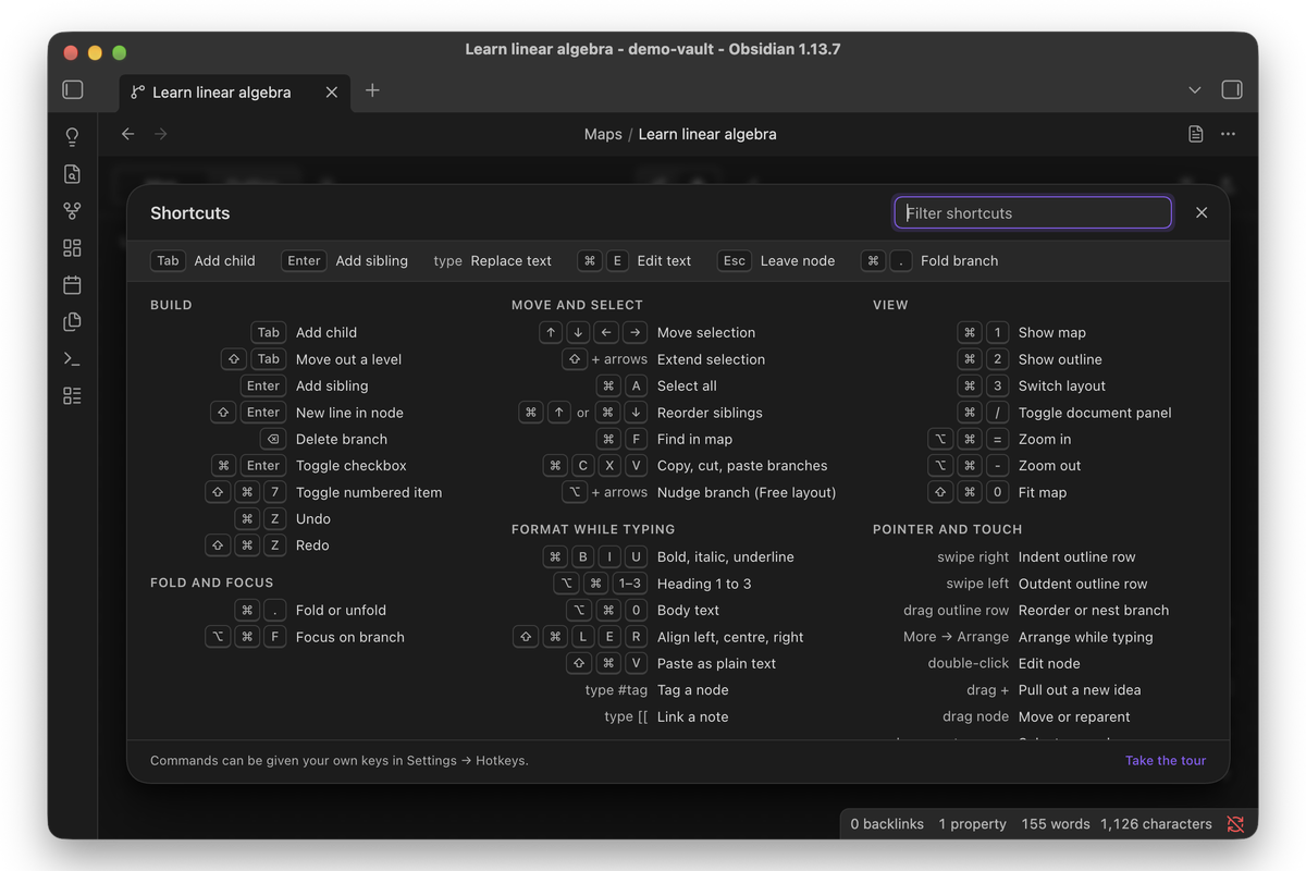 The shortcuts sheet with a filter field