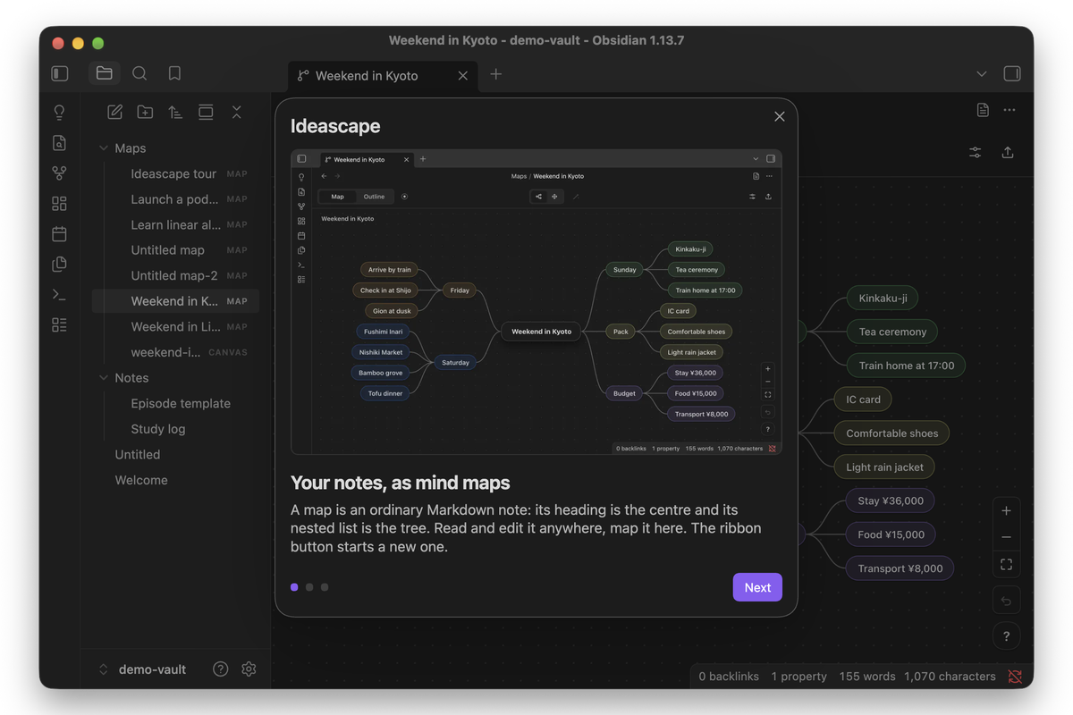 The welcome window on its first slide, a Kyoto weekend as a mind map