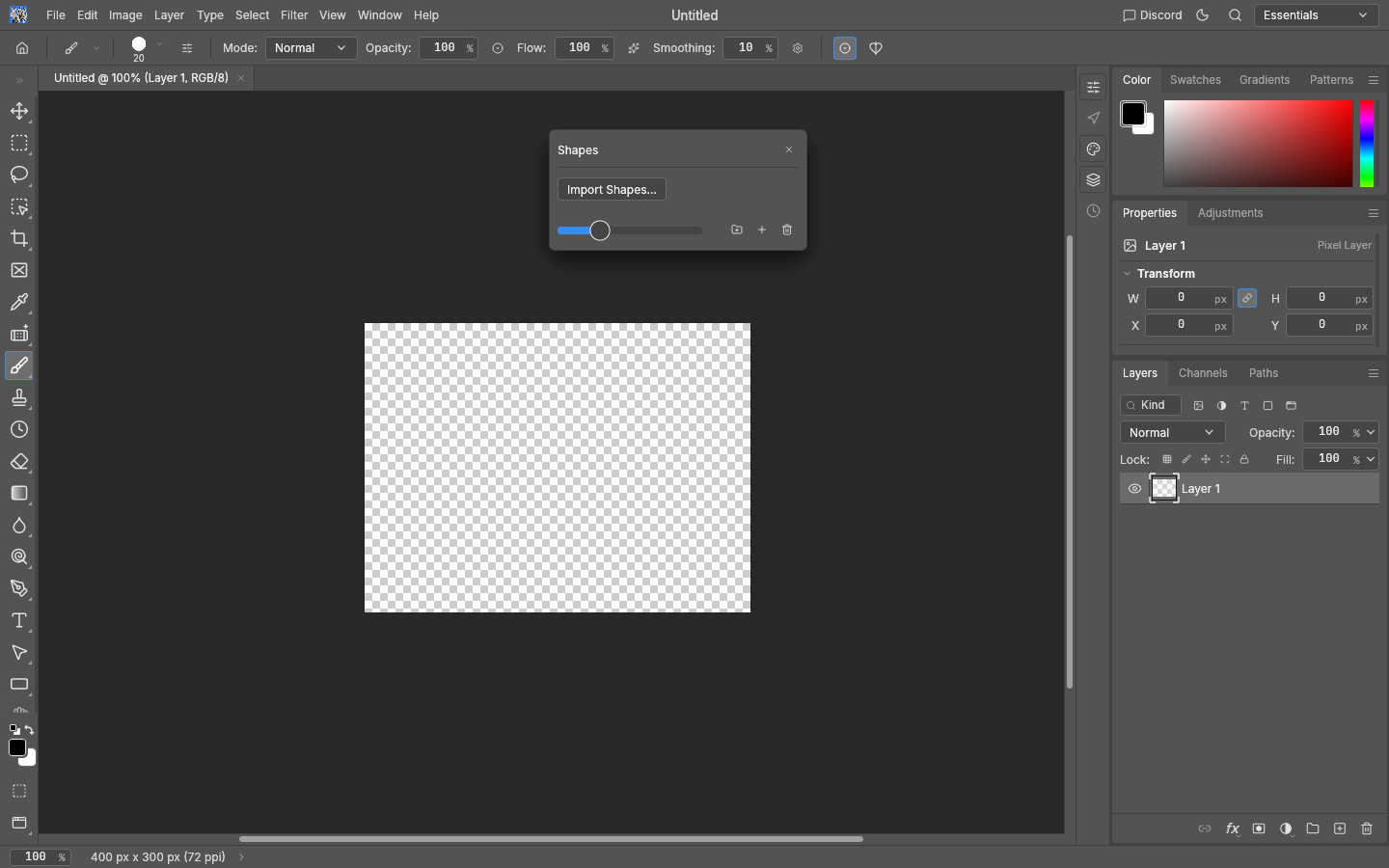 Empty Shapes panel
