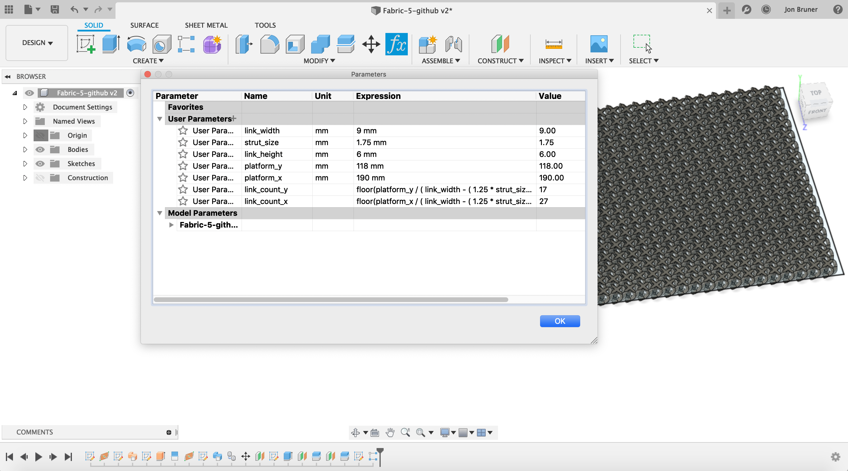 Fusion 360 parameters table screenshot