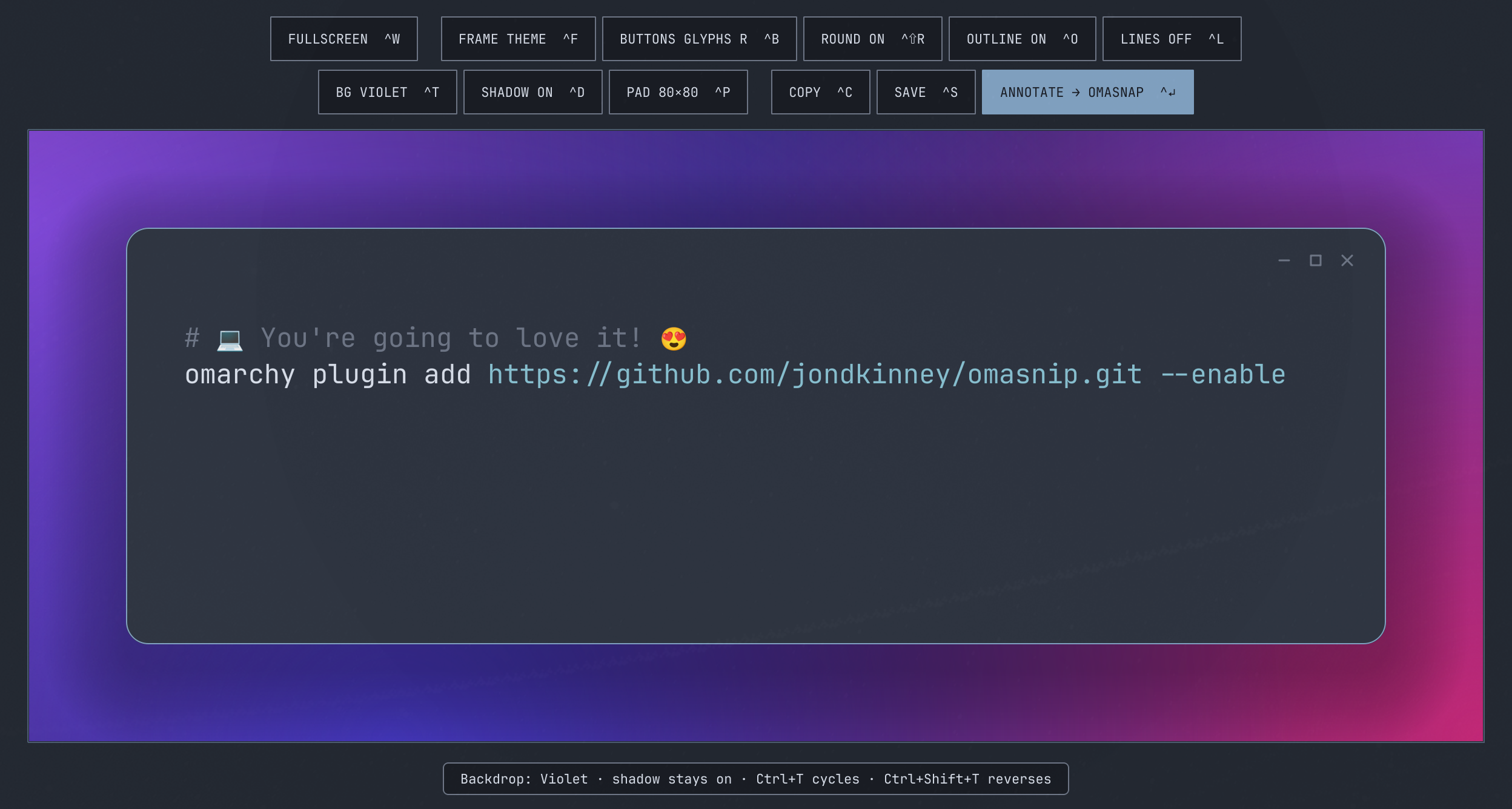 Theme-colored frame with right-side glyph controls on the Violet backdrop