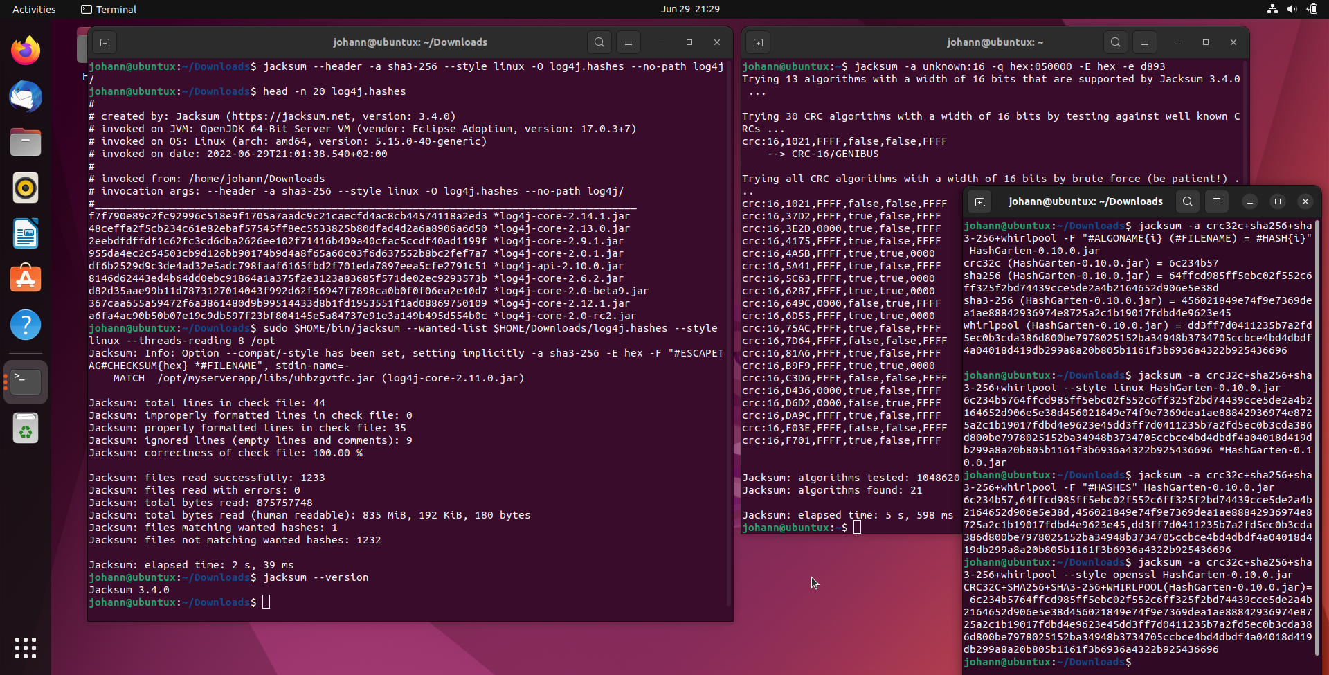 Jacksum on Ubuntu, CLI examples