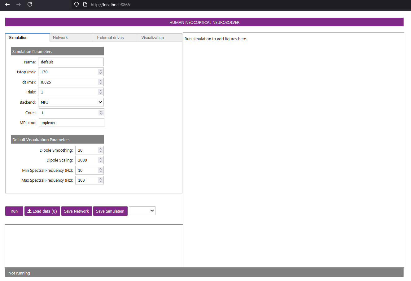Screenshot of the HNN GUI interface after launching, showing the default empty state with tabs for Simulation, Network, External drives, and Visualization.
