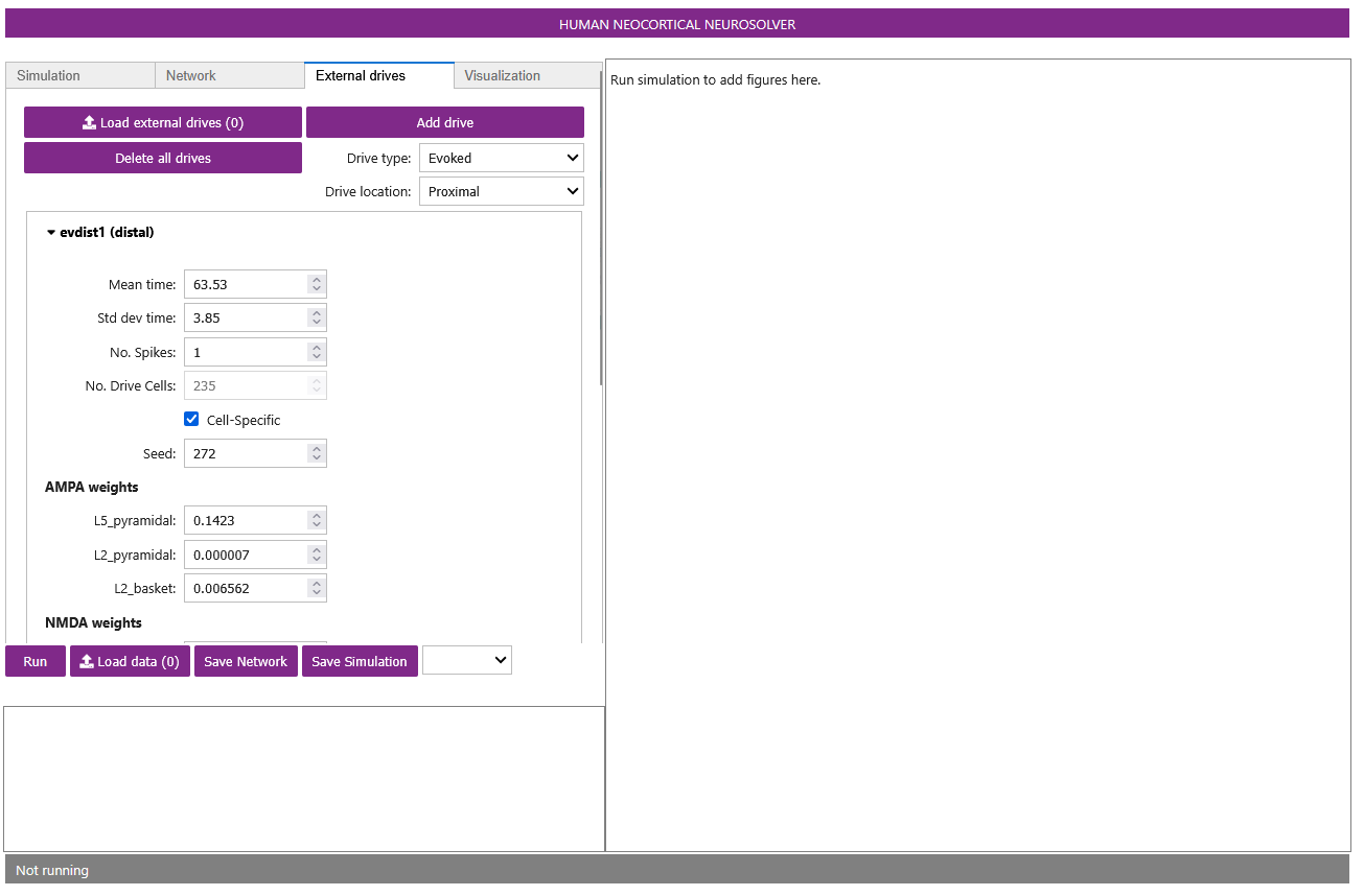 The GUI with expanded evdist1 parameter box on the left showing various configurable parameters for the distal external drive, including timing, location, and synaptic weight settings.