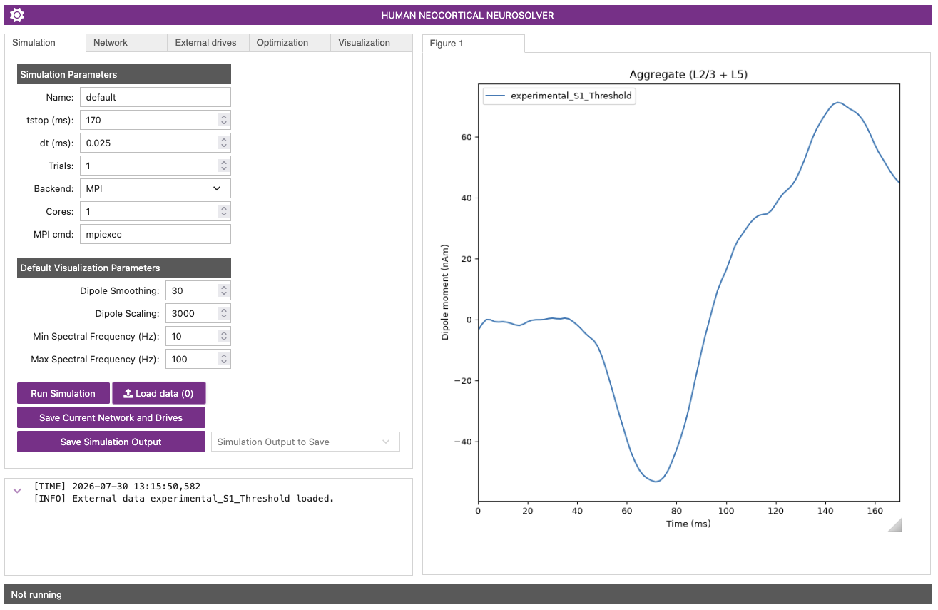 Screenshot of the HNN GUI interface after loading the experimental data file.