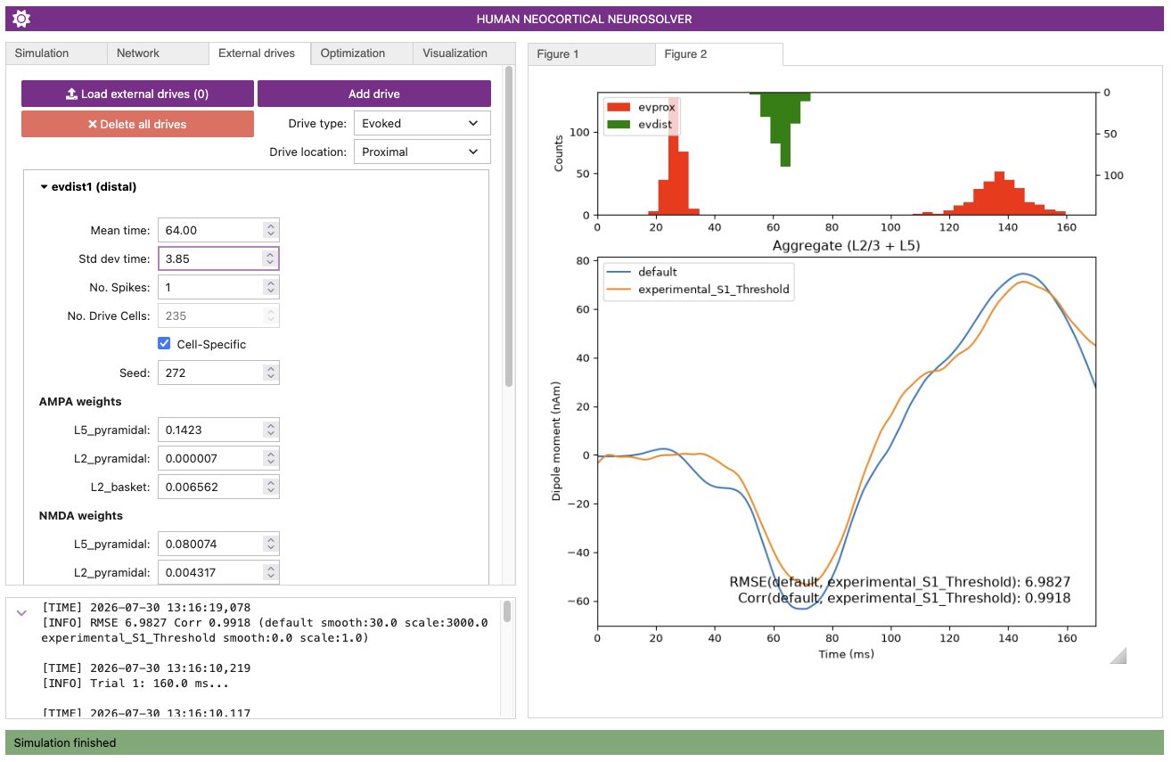 Screenshot of the HNN GUI interface after hand-tuning a drive parameter.