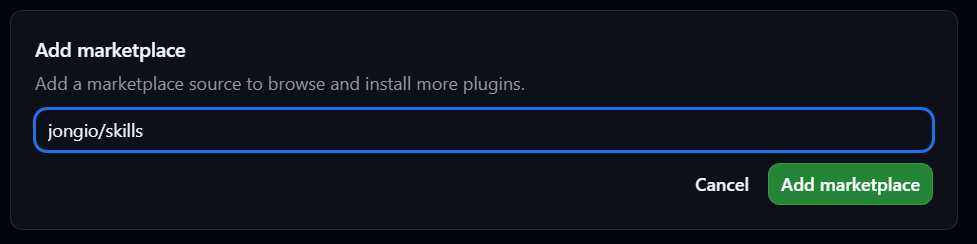 Add marketplace dialog with jongio/skills entered