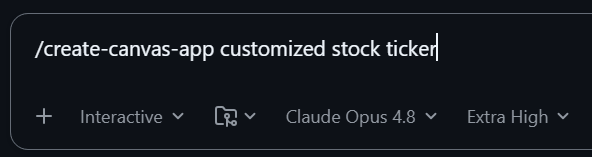 Invoking create-canvas-app from the Copilot composer: "/create-canvas-app customized stock ticker"