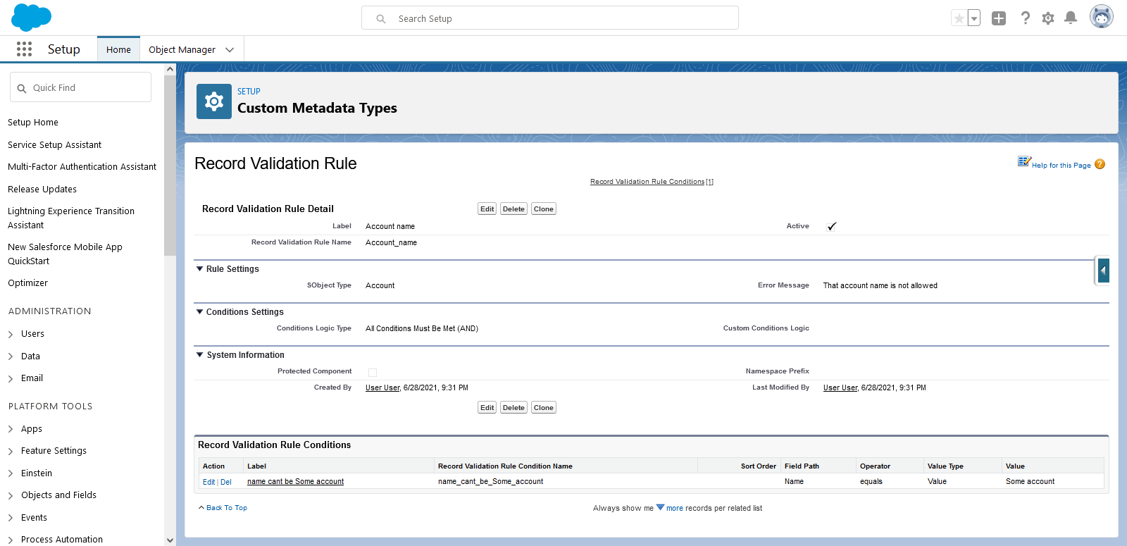 Example Validation Rule: Account Name