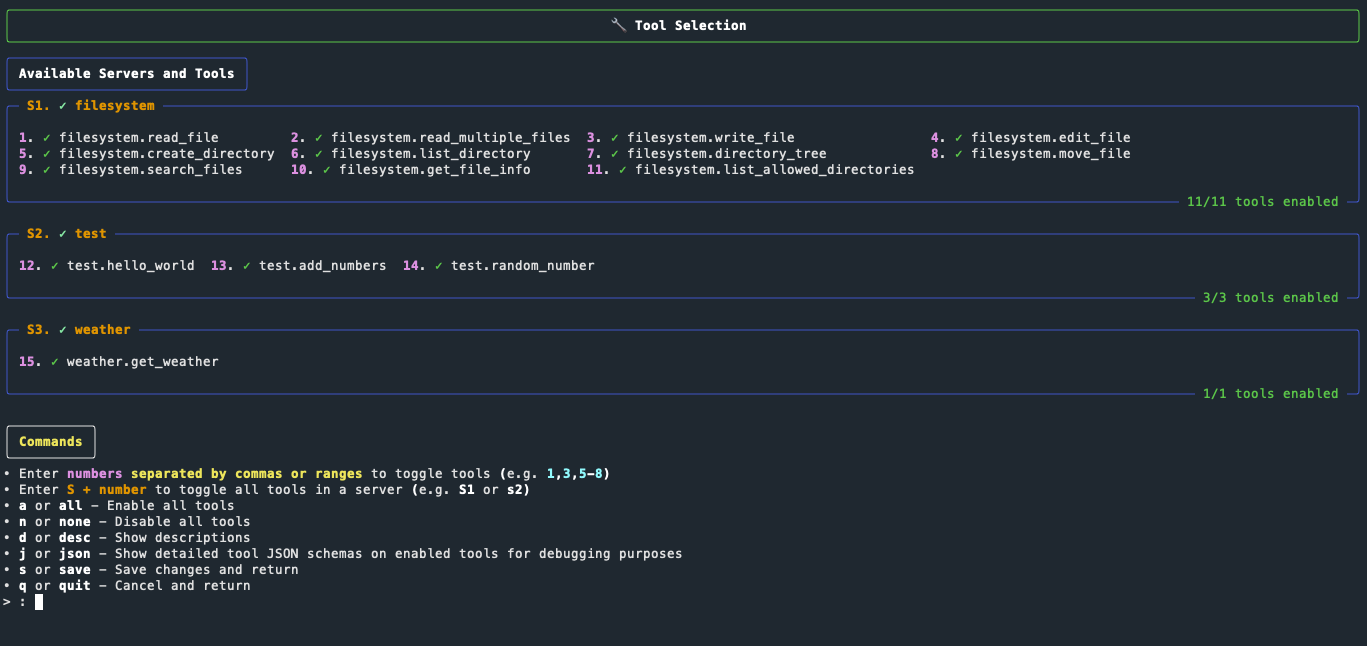 ollmcp tool and server selection interface