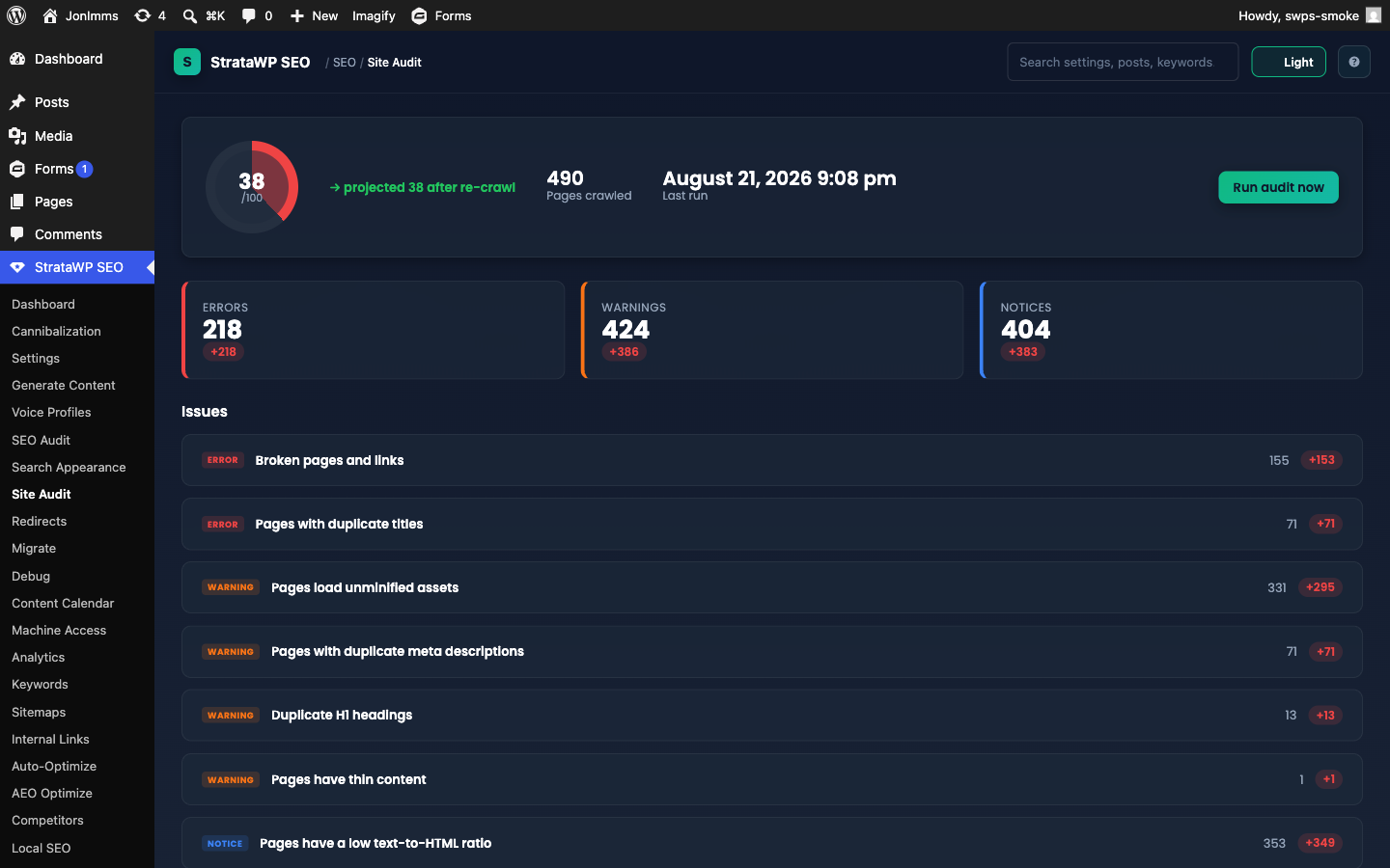Site Audit dashboard