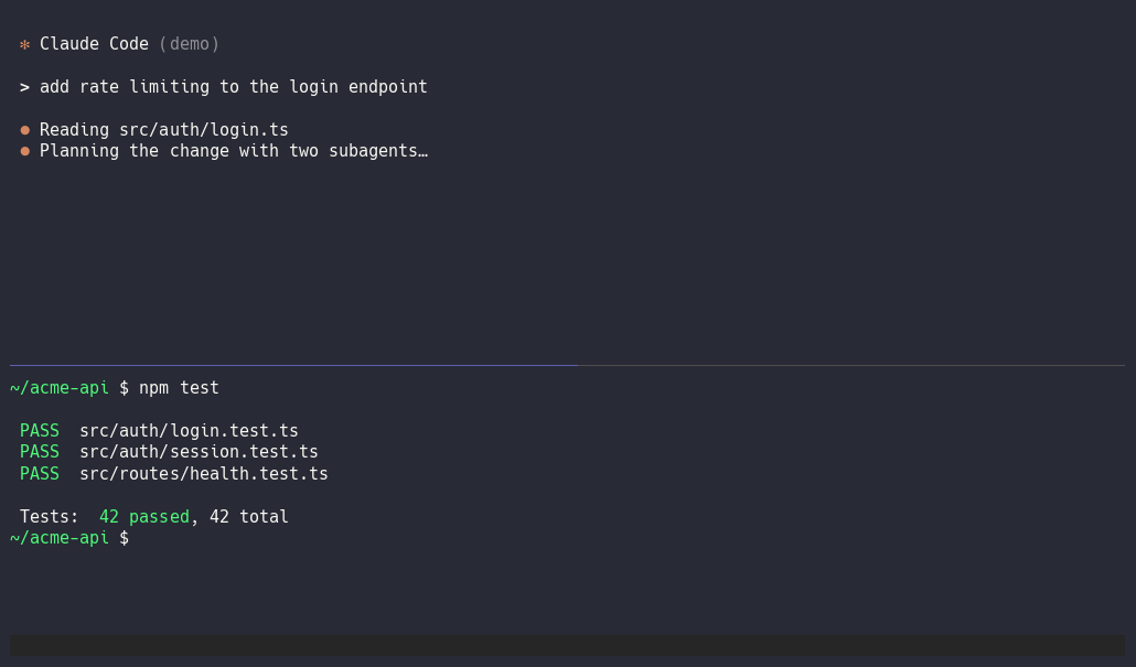 Animated tmux-canopy demo: opening the sidebar, moving through and folding the tree, searching, turning on agent mode, subagents appearing, and jumping to an agent that needs approval