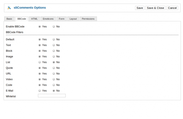 The bbcode tab on the configuration area in the admin area