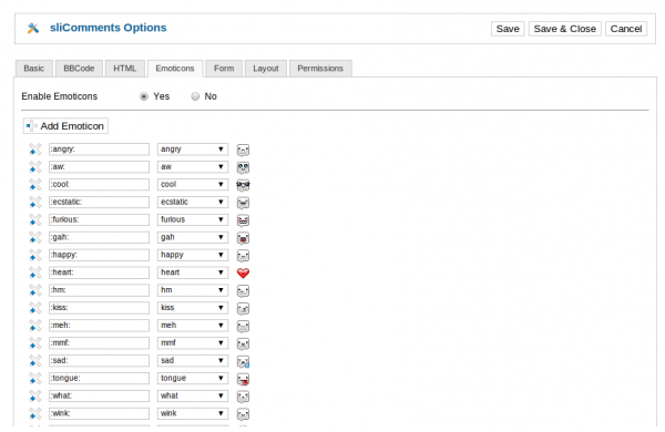 The emoticons tab on the configuration area in the admin area