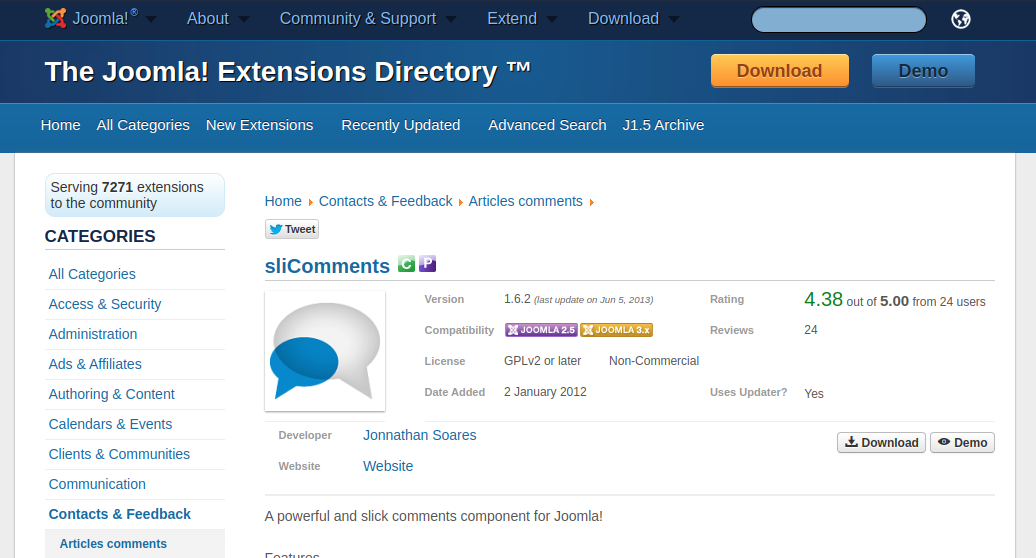 A capture of the Joomla extension directory page for slicomments. 2013-11-06