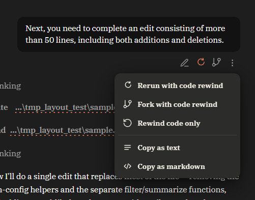 incipit user-message action row: edit / rerun / fork / more — four restrained icons