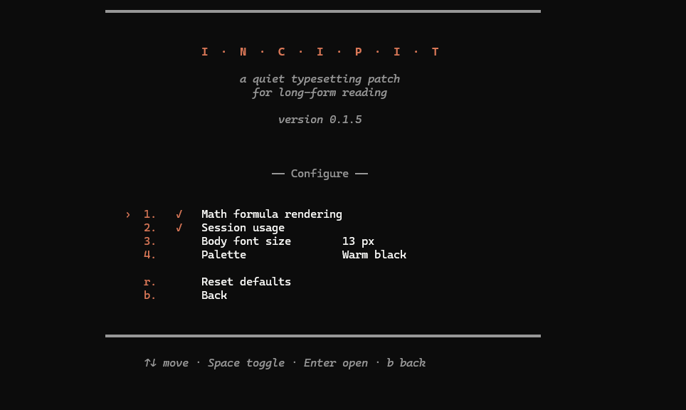 incipit configure submenu: math rendering, session usage, body font size, theme palette